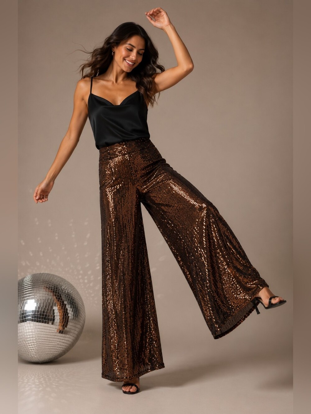CHICME Bronze Sequin Wide Leg Pants Women's Medium Glam Party Evening Palazzo - Picture 9 of 9